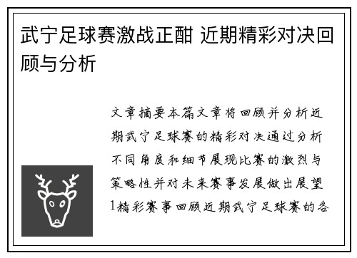 武宁足球赛激战正酣 近期精彩对决回顾与分析