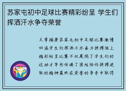 苏家屯初中足球比赛精彩纷呈 学生们挥洒汗水争夺荣誉
