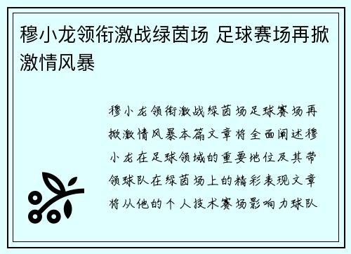 穆小龙领衔激战绿茵场 足球赛场再掀激情风暴