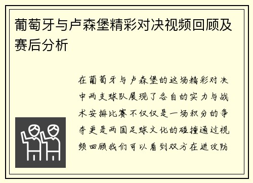 葡萄牙与卢森堡精彩对决视频回顾及赛后分析
