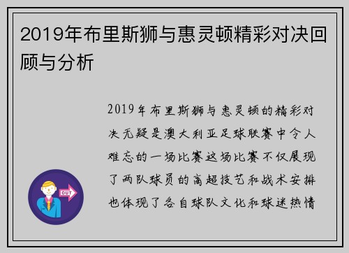 2019年布里斯狮与惠灵顿精彩对决回顾与分析