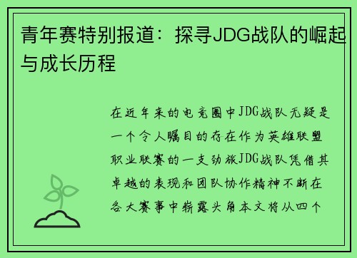 青年赛特别报道：探寻JDG战队的崛起与成长历程
