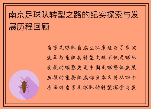 南京足球队转型之路的纪实探索与发展历程回顾